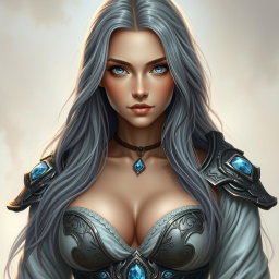 A beautiful, busty, innocent and shy Ukrainian sun cleric healer, characterized by her long ash grey hair and very bright topaz blue eyes