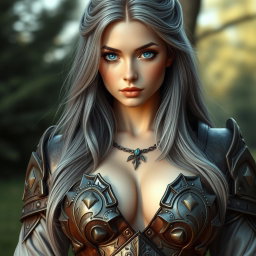 A beautiful busty Ukrainian cleric healer, she appears innocent and shy yet kind, with long ash grey hair cascading down her shoulders