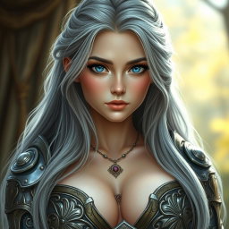 A beautiful busty Ukrainian cleric healer, she appears innocent and shy yet kind, with long ash grey hair cascading down her shoulders