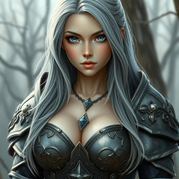 A beautiful busty Ukrainian cleric healer, she appears innocent and shy yet kind, with long ash grey hair cascading down her shoulders