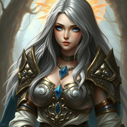 A beautiful, busty, innocent, and cute Ukrainian Sun cleric healer, depicted in realistic style