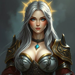 A beautiful, busty, innocent, and cute Ukrainian Sun cleric healer, depicted in realistic style