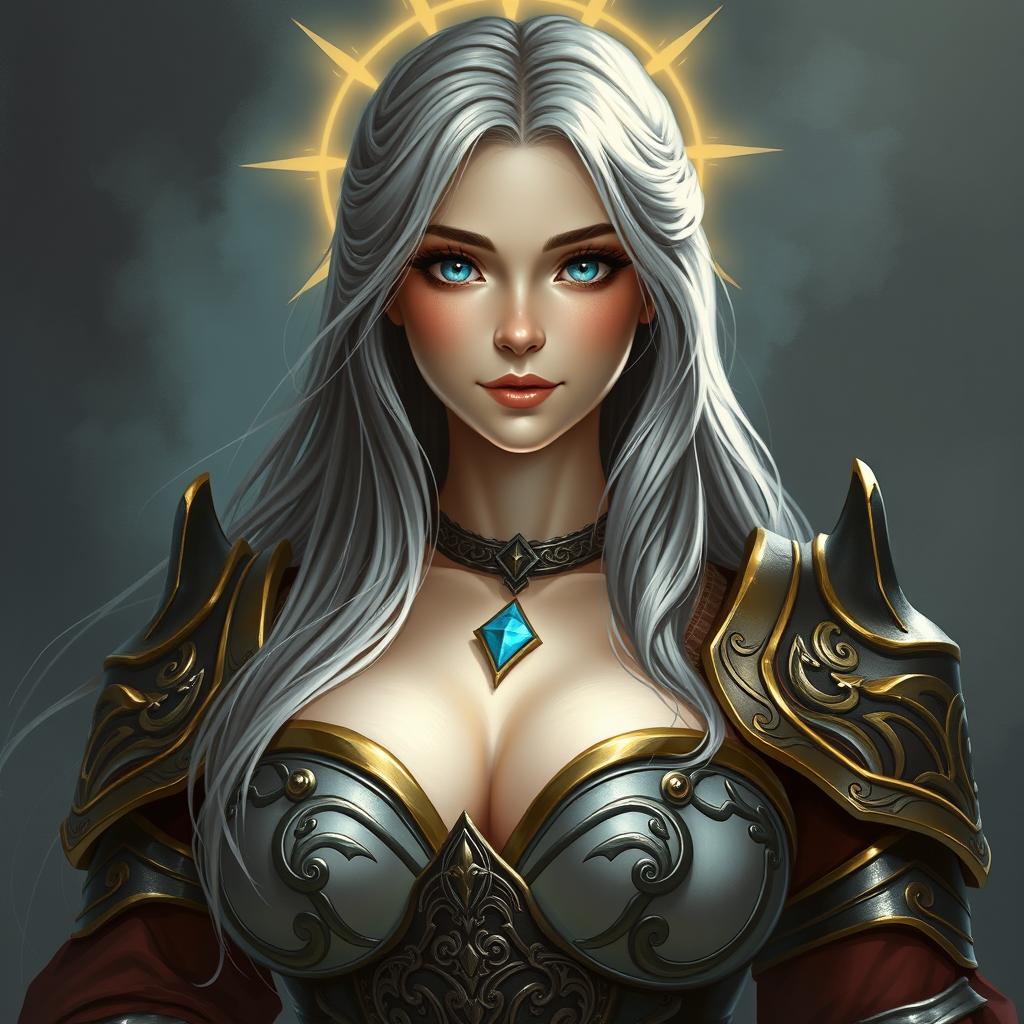 A beautiful, busty, innocent, and cute Ukrainian Sun cleric healer, depicted in realistic style
