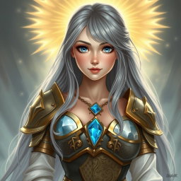 A beautiful, busty, innocent, and cute Ukrainian Sun cleric healer, depicted in realistic style