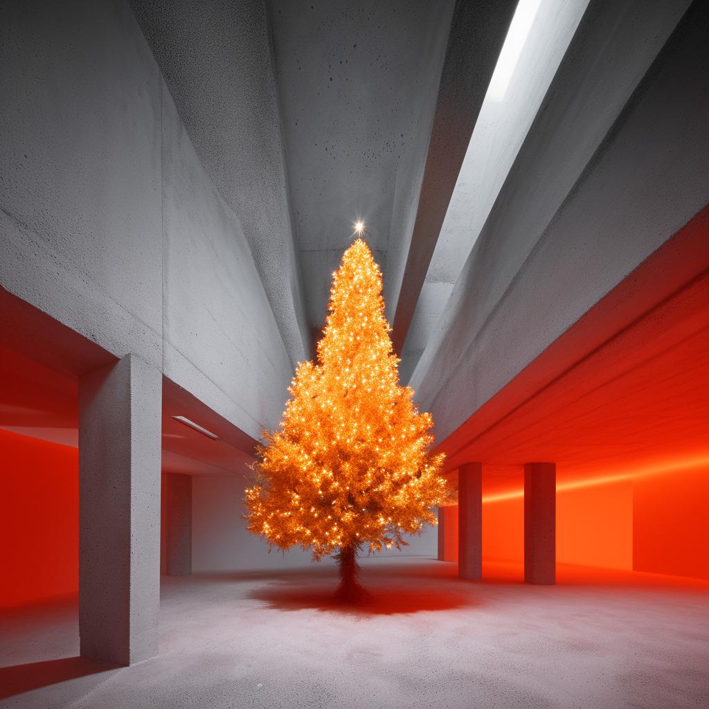 A strikingly abstract, avant-garde architectural photograph, monochrome with a bold pop of orange-red color; showcasing a stylistic Christmas tree inside a beautifully structured concrete room.