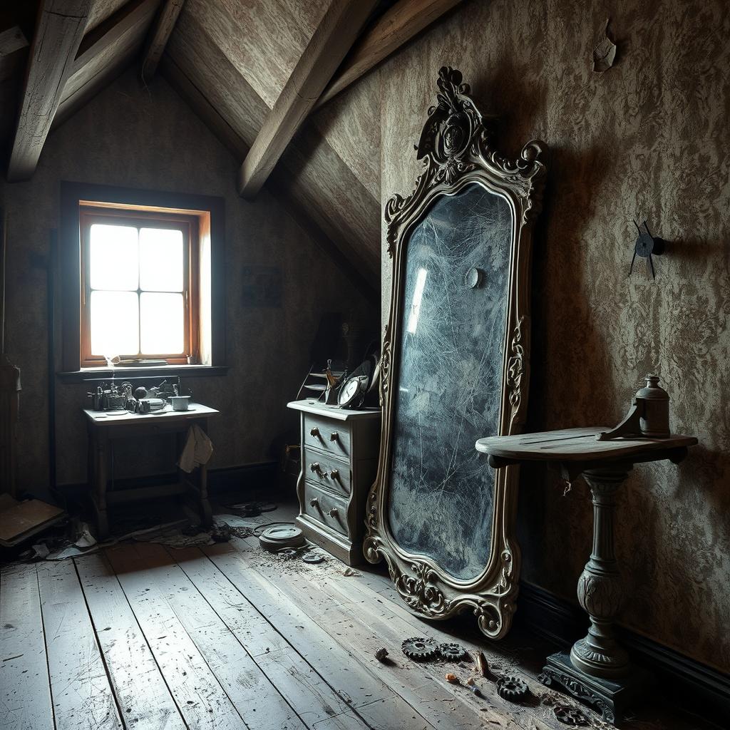 A scene depicting a dusty old attic in a dilapidated house located in the outskirts of Prague
