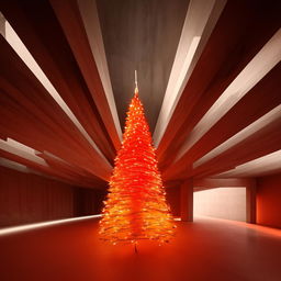 A strikingly abstract, avant-garde architectural photograph, monochrome with a bold pop of orange-red color; showcasing a stylistic Christmas tree inside a beautifully structured concrete room.