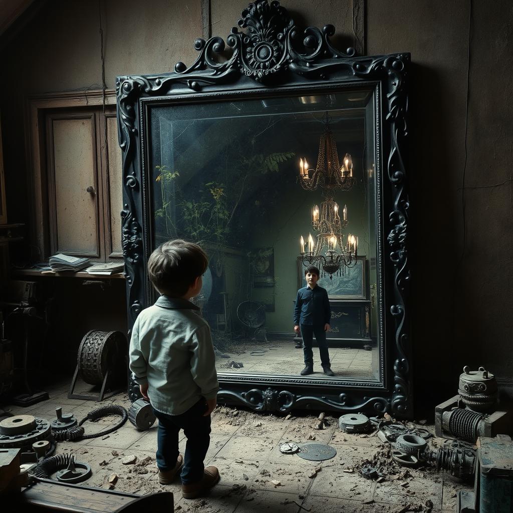 A surreal scene depicting Lucas Harper, a watchmaker living in a dilapidated old mansion on the outskirts of Prague