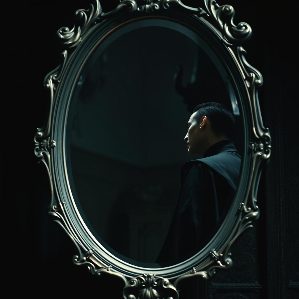 An intriguing scene featuring an upside-down mirror reflecting a mysterious vampire figure