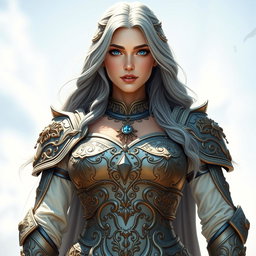 A busty, innocent, and beautiful Ukrainian Sun cleric of the Life Domain standing in a full growth pose