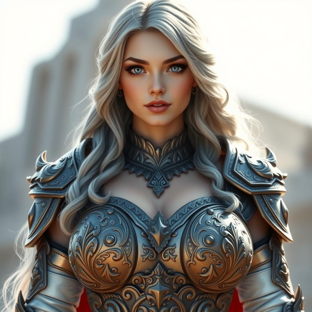 A busty, innocent, and beautiful Ukrainian Sun cleric of the Life Domain standing in a full growth pose
