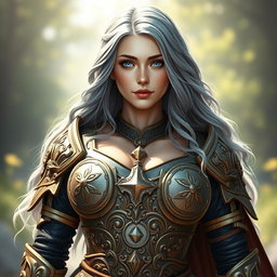 A busty, innocent, and beautiful Ukrainian Sun cleric of the Life Domain standing in a full growth pose