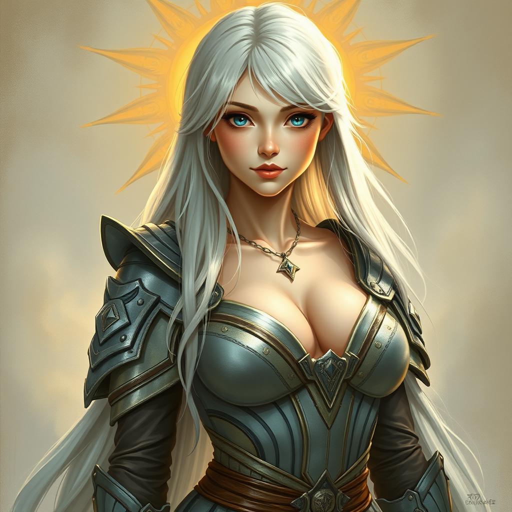 A realistic depiction of a beautiful, innocent, and shy white Sun cleric of the Life Domain