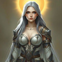 A realistic depiction of a beautiful, innocent, and shy white Sun cleric of the Life Domain