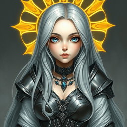 A realistic depiction of a beautiful, innocent, and shy white Sun cleric of the Life Domain