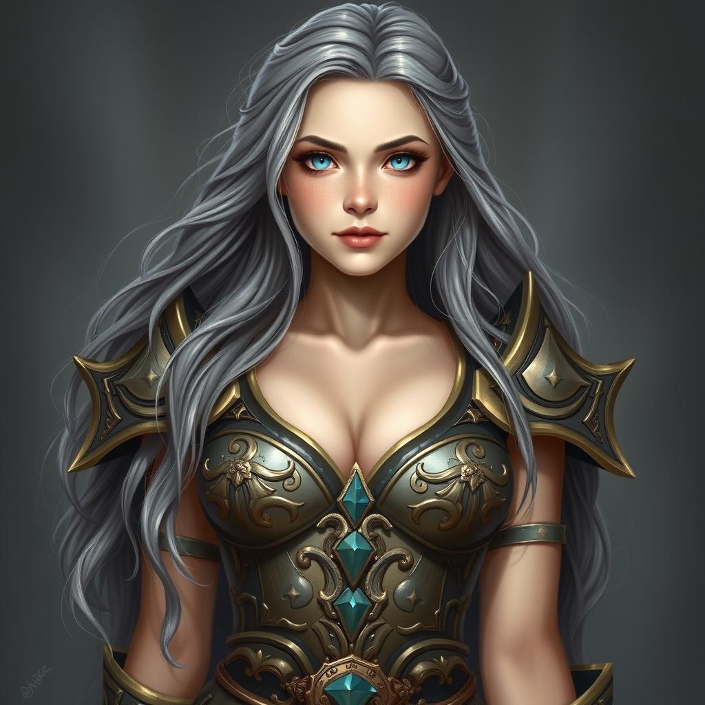 A busty, innocent, and beautiful young woman depicted as a Sun cleric of the Life domain