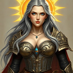 A busty, innocent, and beautiful young woman depicted as a Sun cleric of the Life domain