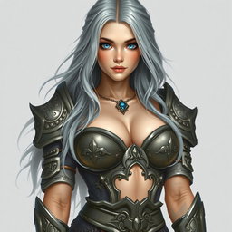 A busty, innocent, and beautiful young woman depicted as a Sun cleric of the Life domain