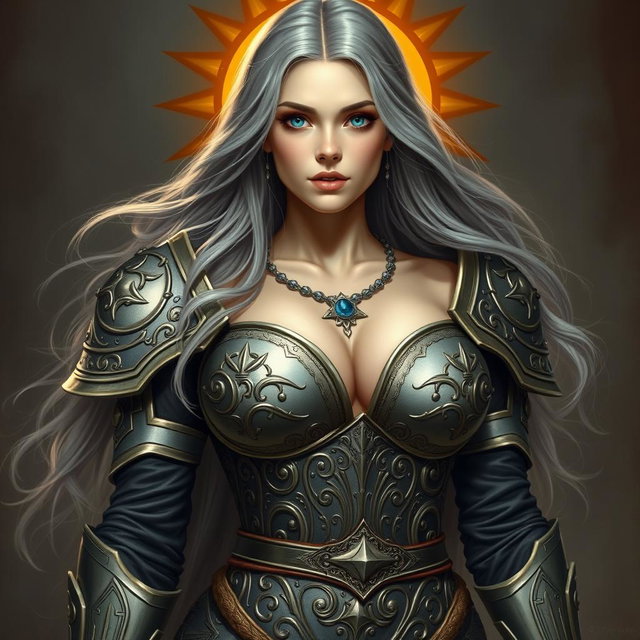 A busty, innocent, and beautiful young European woman depicted as a Sun cleric of the Life domain