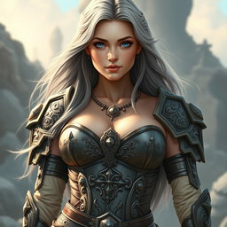 A busty, innocent, and beautiful young European woman depicted as a Sun cleric of the Life domain