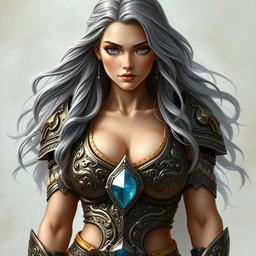 A busty, innocent, and beautiful young European woman depicted as a Sun cleric of the Life domain
