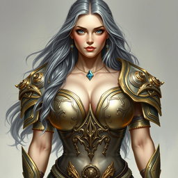 A busty, innocent, and beautiful young European woman depicted as a Sun cleric of the Life domain