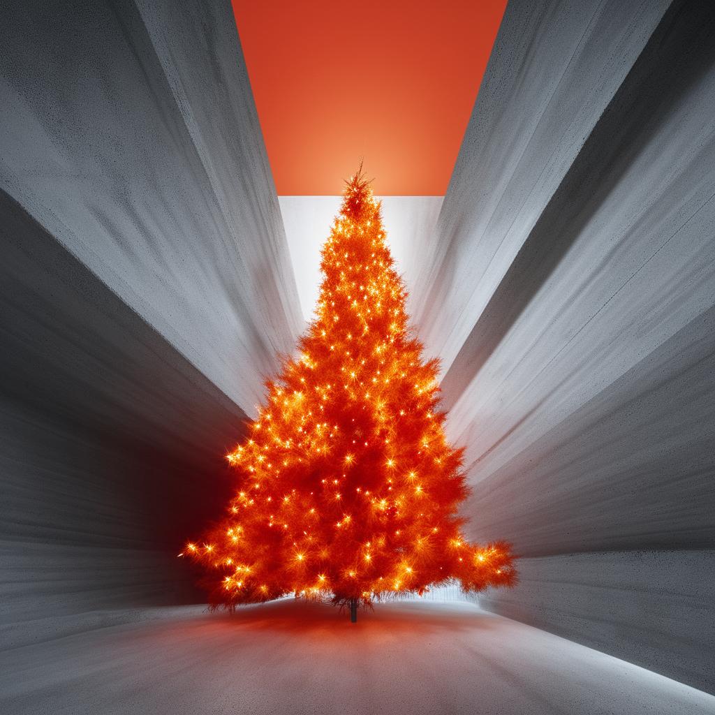 A strikingly abstract, avant-garde architectural photograph, monochrome with a bold pop of orange-red color; showcasing a stylistic Christmas tree inside a beautifully structured concrete room.