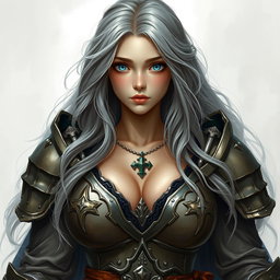 A busty, innocent, fragile yet strong European crusader cleric embodying the life domain