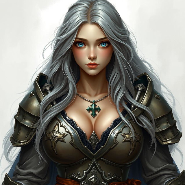 A busty, innocent, fragile yet strong European crusader cleric embodying the life domain