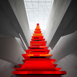 A strikingly abstract, avant-garde architectural photograph, monochrome with a bold pop of orange-red color; showcasing a stylistic Christmas tree inside a beautifully structured concrete room.