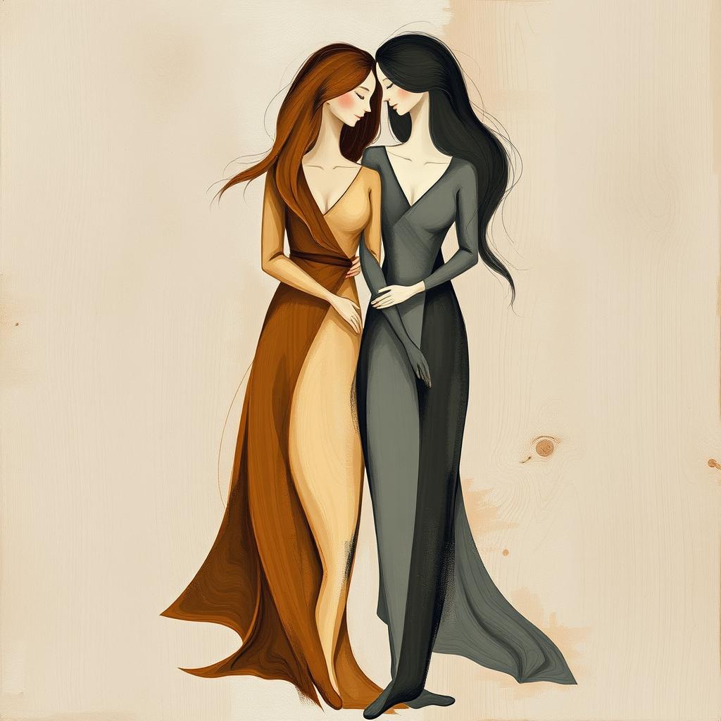 An abstract art piece depicting a family of four, consisting of two mothers and two daughters, beautifully intertwined and connected