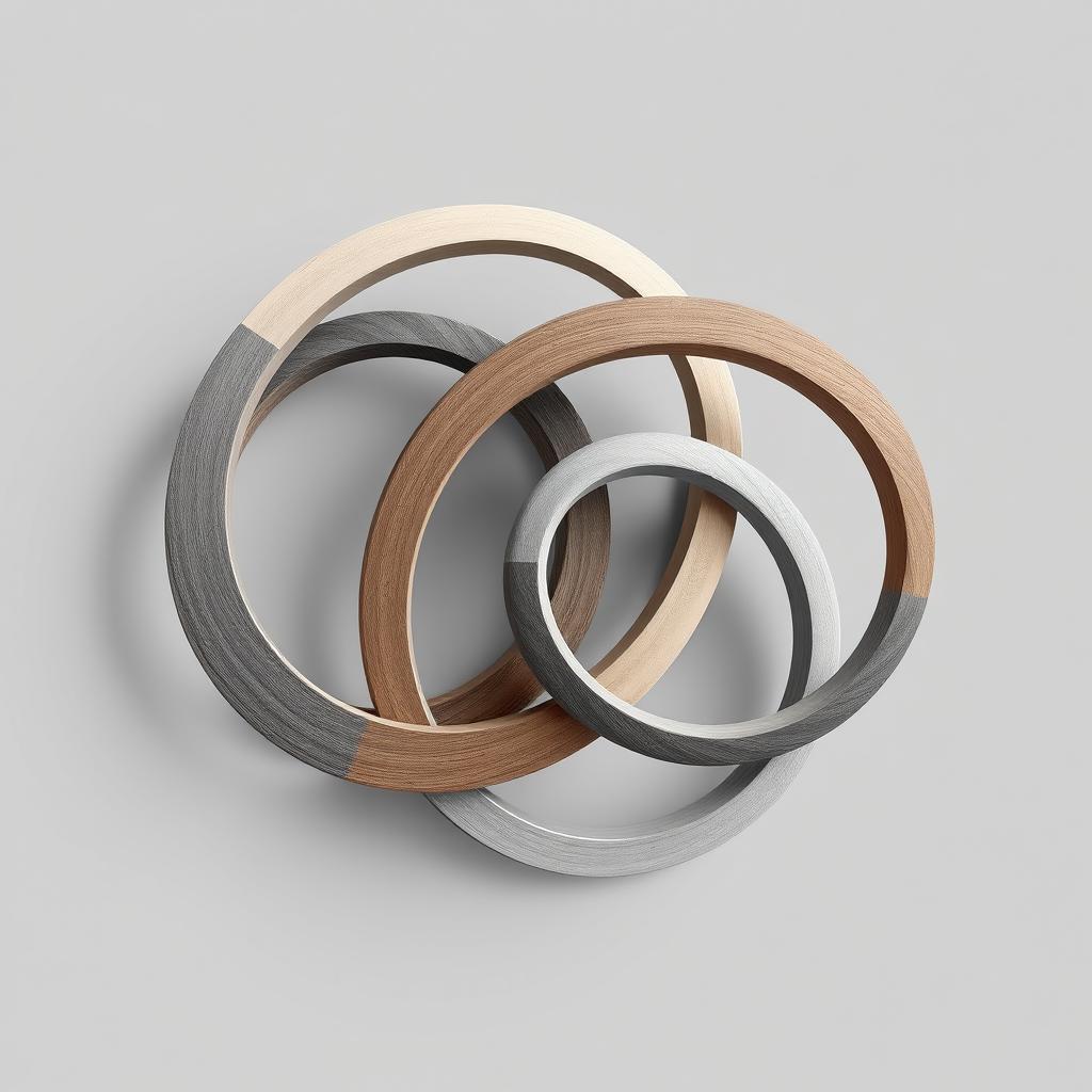 Harmonious Abstract Art: Four Interconnected Rings in Wood and Gray