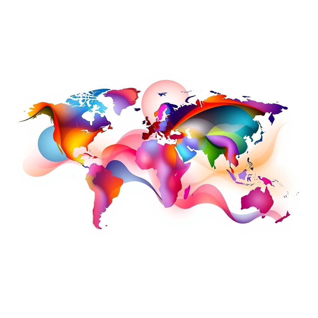 An abstract world map composed of vibrant colors and geometric shapes, showcasing a unique artistic interpretation of continents and oceans