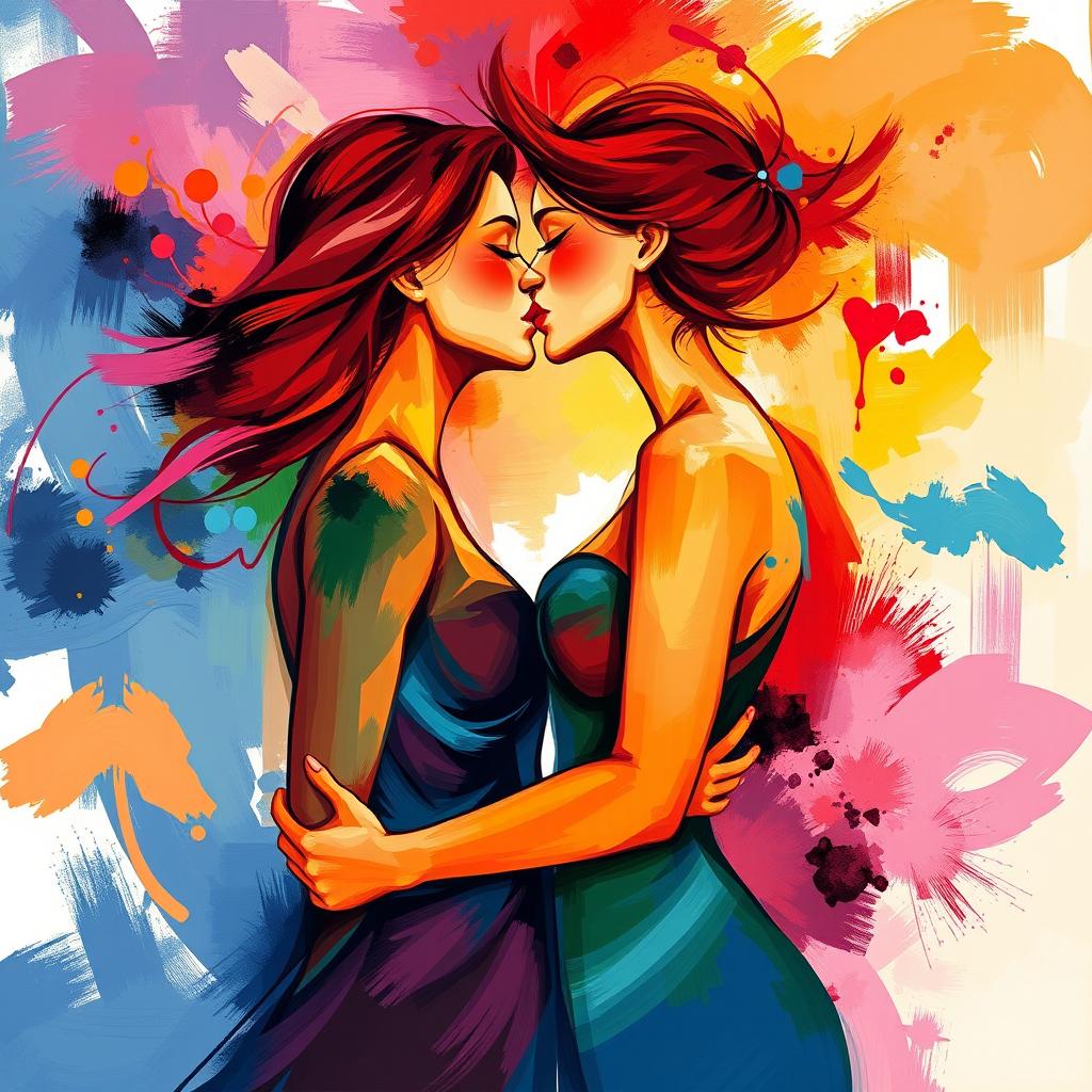 An abstract representation of two women kissing, with an emphasis on the beauty and emotion of the moment