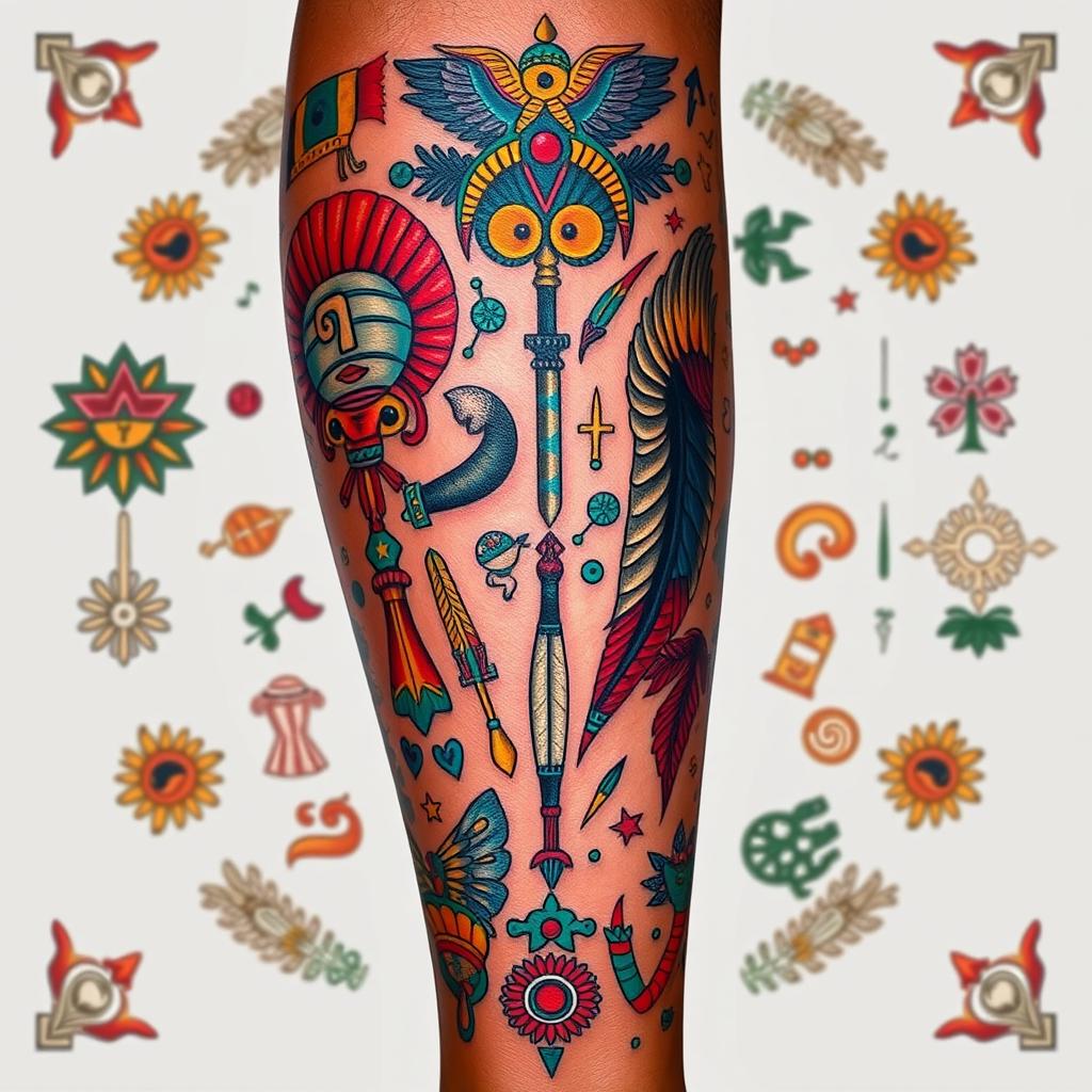 A vibrant and intricate tattoo design that wraps around a calf