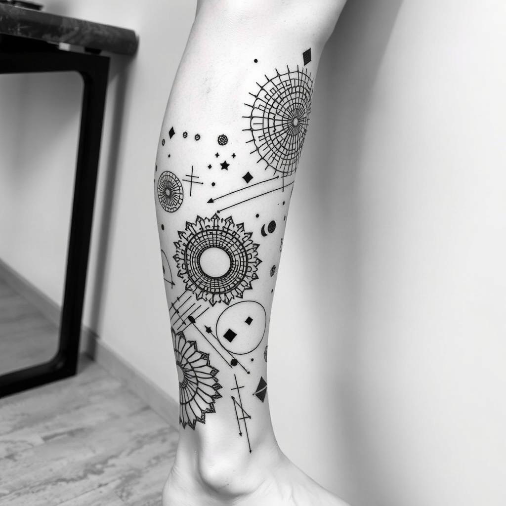 A modern black and white tattoo design wrapping around a calf and shin, featuring bold lines and geometric shapes