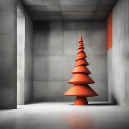 A strikingly abstract, avant-garde, monochrome photograph of a stylistic Christmas tree inside a beautiful structured concrete room, with a bold pop of orange-red color.