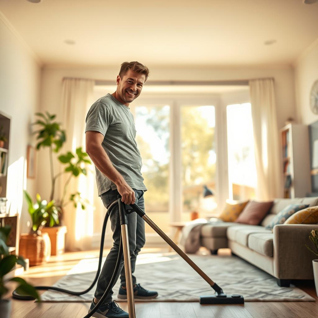 A man cleaning his house with a cheerful expression, dressed in casual attire, using a vacuum cleaner in a bright and cozy living room