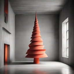 A strikingly abstract, avant-garde, monochrome photograph of a stylistic Christmas tree inside a beautiful structured concrete room, with a bold pop of orange-red color.