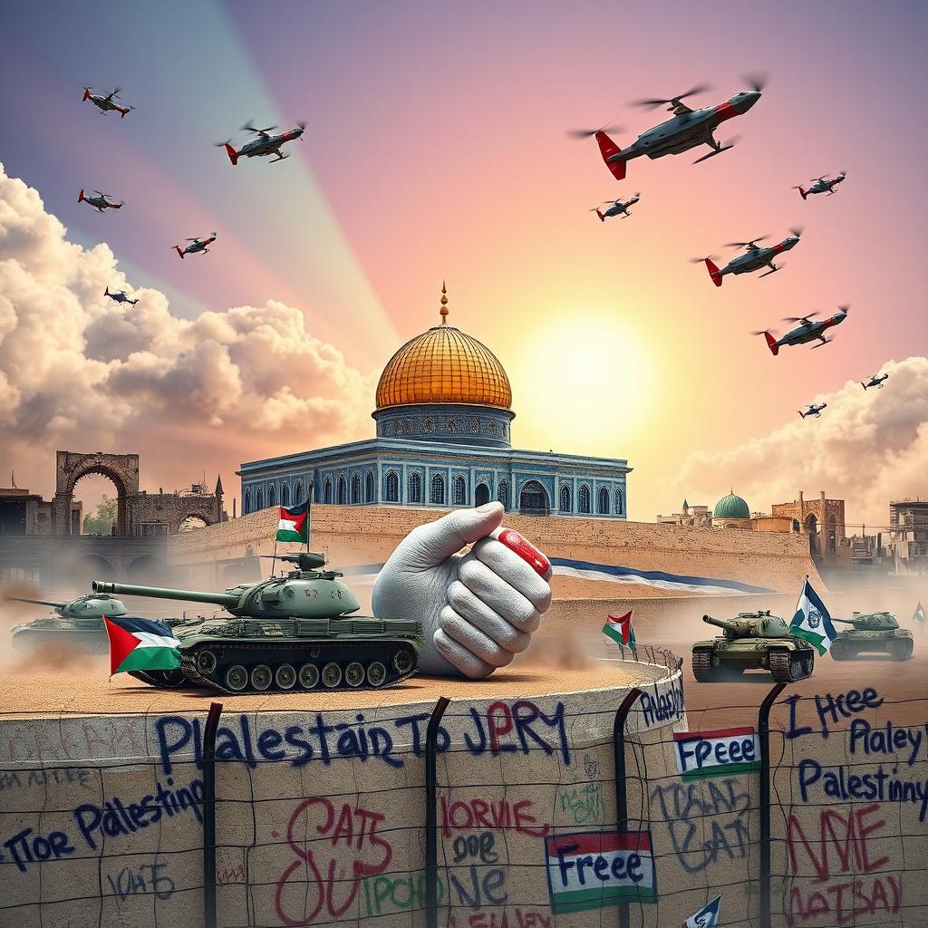 A powerful and symbolic scene featuring the Al-Aqsa Mosque depicted as a majestic fortress of resilience, surrounded by a barrier of intertwined hands symbolizing unity