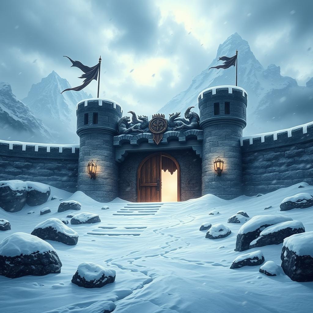 A majestic fantasy fortpost surrounded by a fierce blizzard, detailed stone walls with battlements adorned with banners flapping in the icy wind, snowflakes swirling around, fierce gusts of wind blowing across the landscape