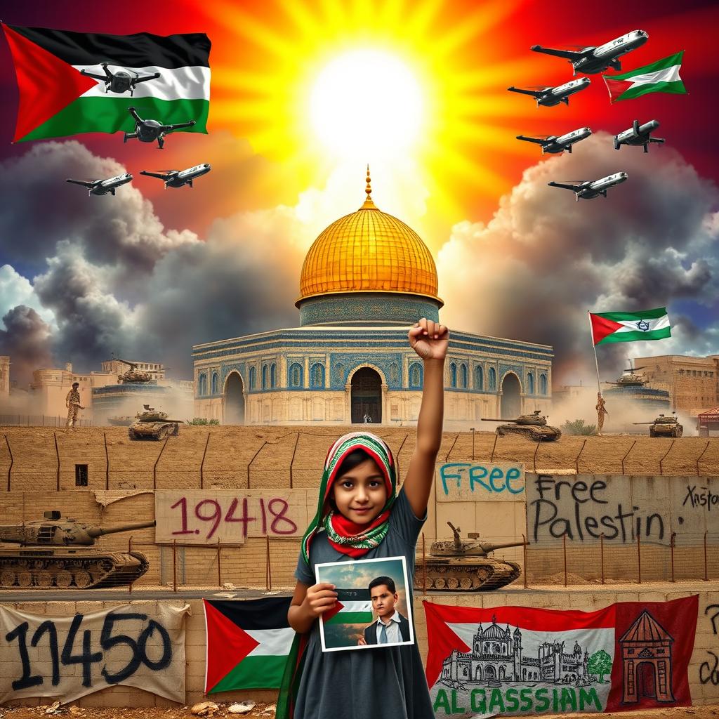 A powerful and striking scene depicting the Al-Aqsa Mosque as a majestic fortress of resilience, surrounded by a barrier of intertwined hands