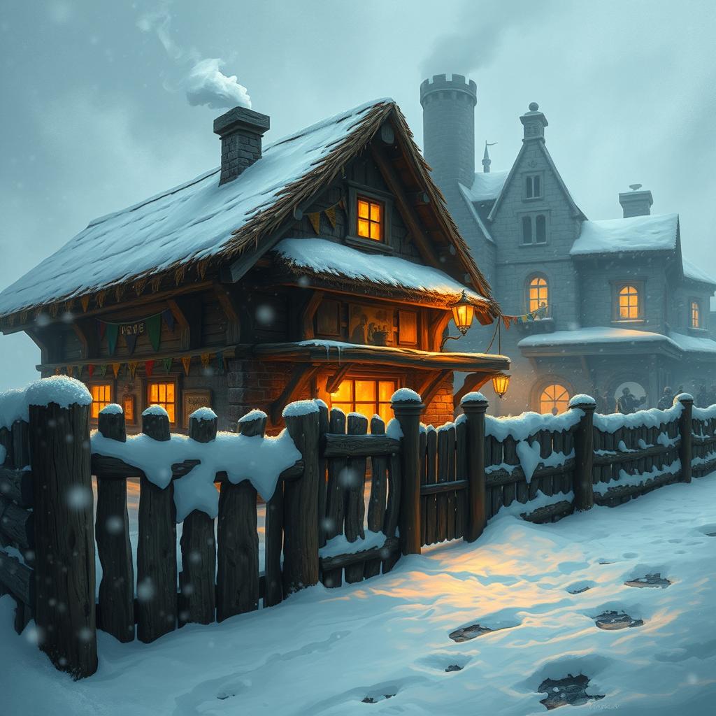 A cozy fantasy tavern with warm light glowing from its windows, nestled behind a sturdy wooden fence, with a barracks visible in the background, both encompassed by a swirling blizzard