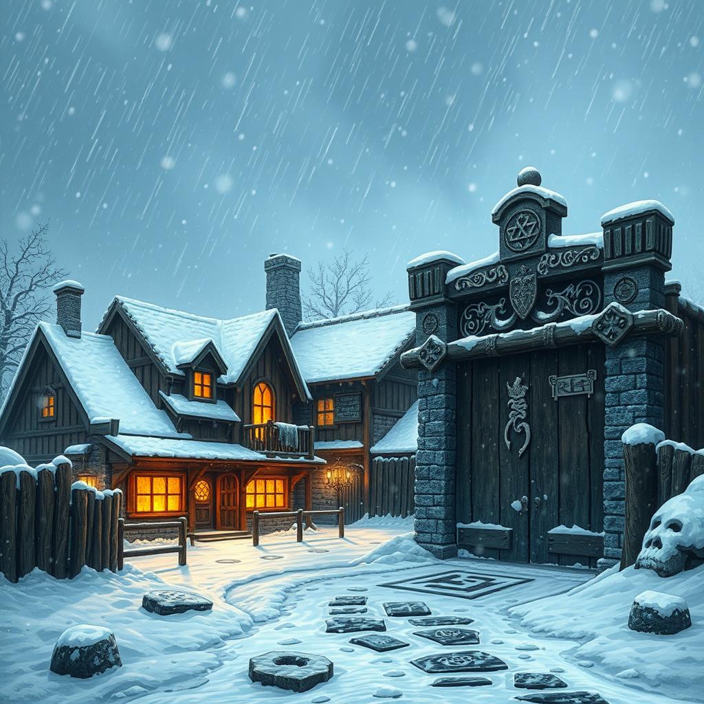 A picturesque fantasy tavern and barracks nestled behind a huge, imposing wooden fence and a stone gate, all set against the backdrop of a fierce blizzard