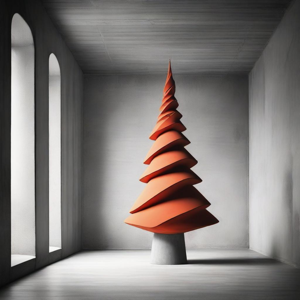 A strikingly abstract, avant-garde, monochrome photograph of a stylistic Christmas tree inside a beautiful structured concrete room, with a bold pop of orange-red color.