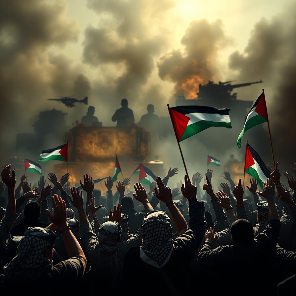 A powerful scene depicting the Palestinian resistance against the backdrop of an ongoing conflict, with no identifiable Israeli faces