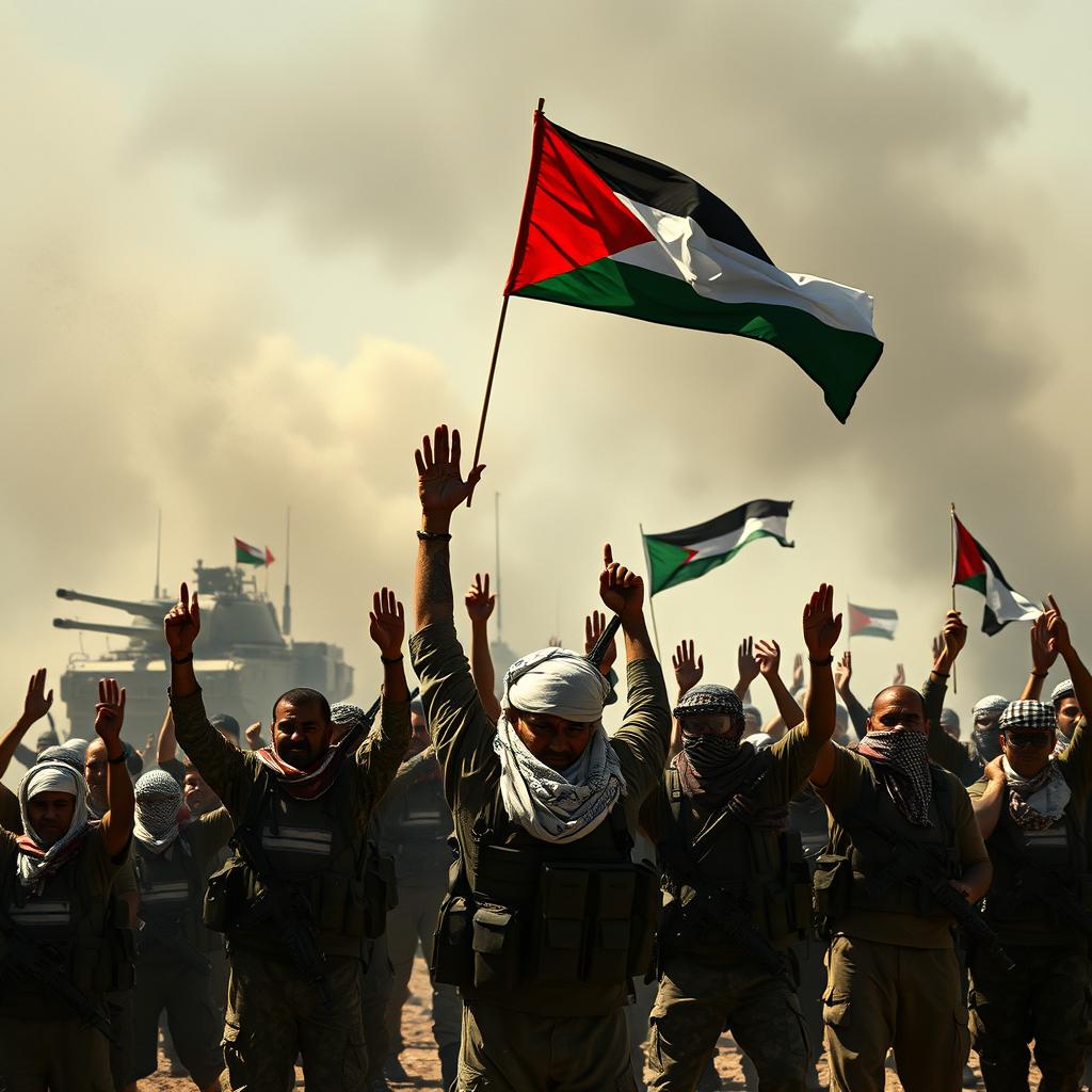 A compelling scene portraying the Palestinian resistance, with a focus on showcasing their strength and resilience