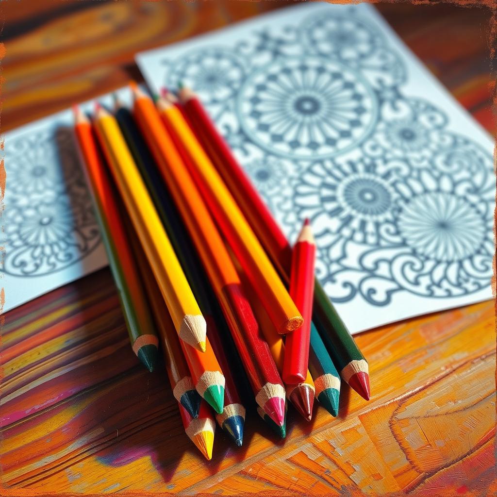 A beautifully composed oil painting of a set of colored pencils arranged creatively on a wooden table, with vibrant colors radiating from the pencils