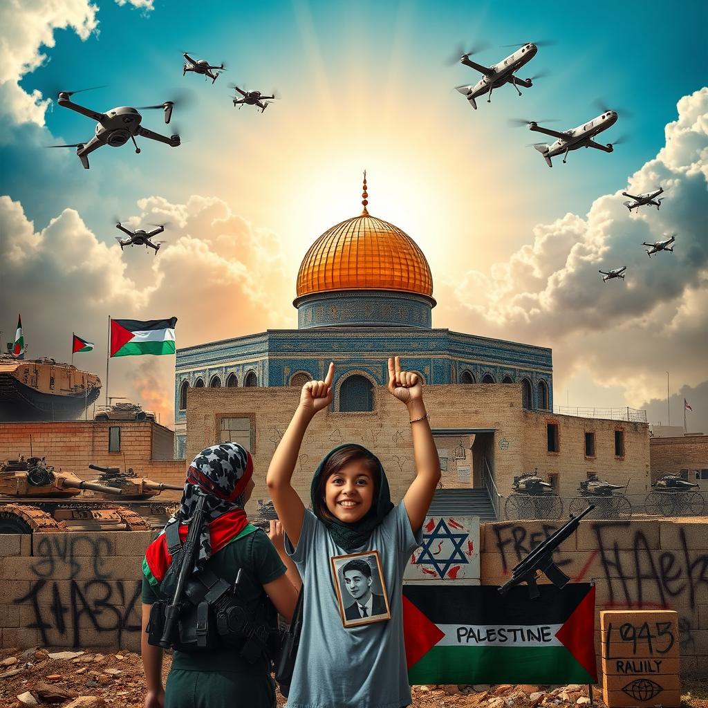 A powerful and striking scene depicting the Al-Aqsa Mosque as a majestic fortress of resilience, surrounded by a barrier of intertwined hands