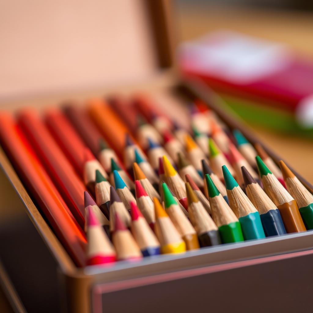 A close-up view of an open box of colored pencils, showcasing the vivid colors and variety of shades